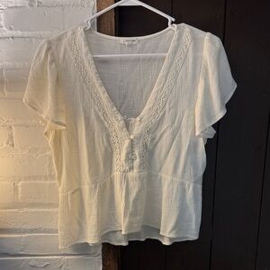 Eyeshadow Cream V-Neck Blouse with Button Detail